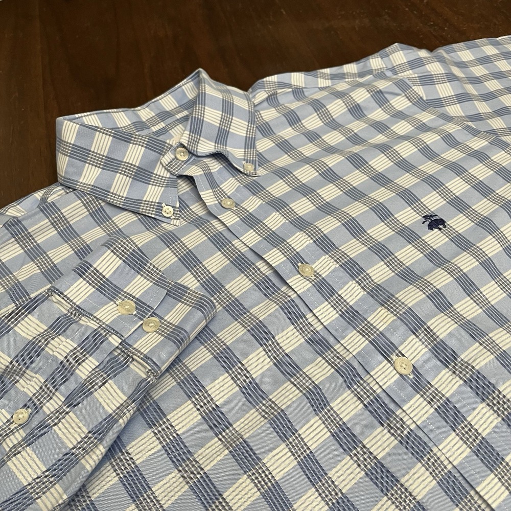 Brooks Brothers Dress Shirt Mens M White Blue Plaid Madison OCBD Supima Cotton